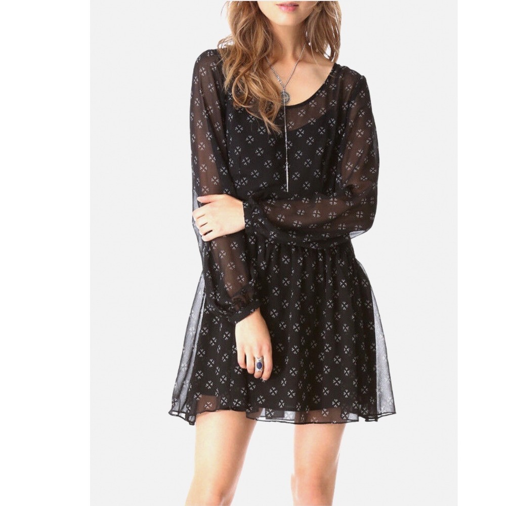 Free People Baby Dee Black Sheer Long Sleeve Mini Dress Smocked Back Boho Whimsy
